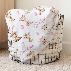 Custom Cute giraffe Baby Blanket - Personalized Name Blanket for Girl - pink Shower Gift