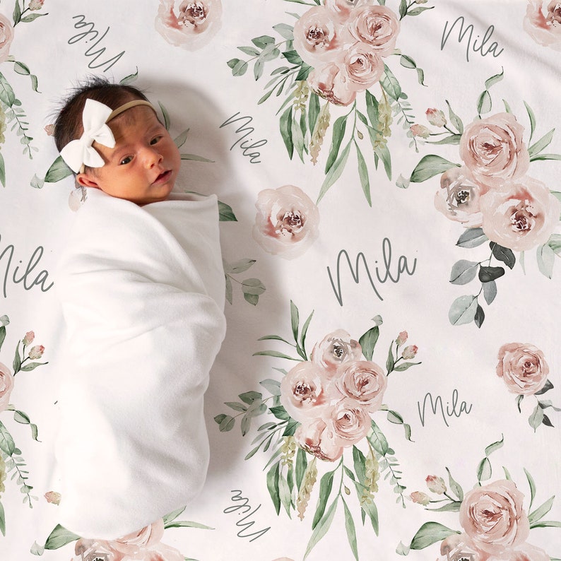 Soft Floral Rose Personalized Baby Girl Name Blanket, Custom Baby Shower Gift image 2