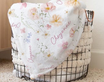 Custom Wildflowers floral Baby Blanket - Personalized Name Blanket for Girl - Pink Shower Gift
