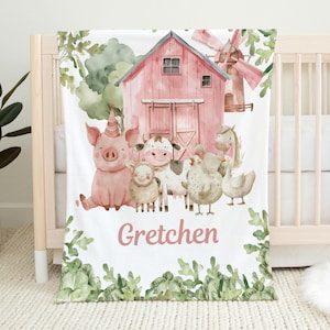 Farm animals Personalized Baby Blanket - Custom Name Blanket for Girls - pink Shower Gift