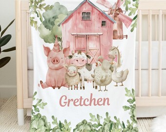 Farm animals Personalized Baby Blanket - Custom Name Blanket for Girls - pink Shower Gift