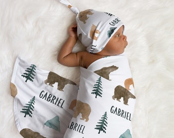 Personalized Baby Boy Name Swaddle Blanket and Hat, Bears and Mountains Woodland