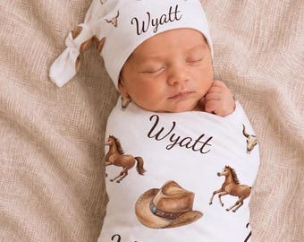 Cowboy Hat Personalized Baby Swaddle & Hat Set, Western Ranch Newborn Hospital Outfit, Coming Home Baby Gift