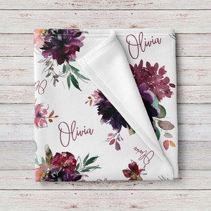 Violet Burgundy Floral Personalized Baby Name Blanket, Custom Baby Girl Shower Gift