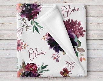 Violet Burgundy Floral Personalized Baby Name Blanket, Custom Baby Girl Shower Gift