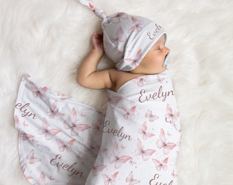 Pink Butterflies Personalized Baby Swaddle Blanket and Headband, Newborn Girl Gift
