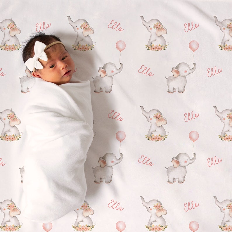 Elephants Custom Baby Girl Name Blanket, Personalized Baby Shower Gift image 2