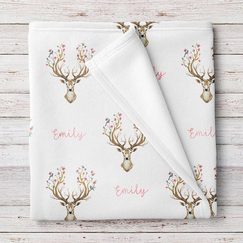 Personalized Baby Girl Blanket Deer Head and Pink Floral Etsy