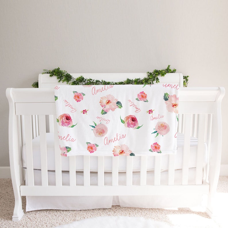 Personalized Baby Girl Name Blanket, Floral watercolor print coralBB115 image 5