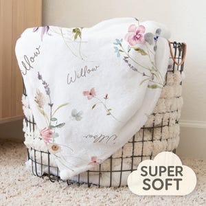 Pretty Wildflower Floral Personalized Baby Girl Name Blanket, Shower Gift