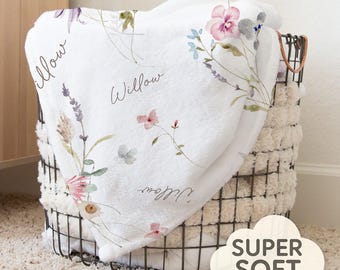 Pretty Wildflower Floral Personalized Baby Girl Name Blanket, Shower Gift