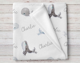 Custom Name Whales Baby Boy Blanket, Personalized Baby Shower Gift