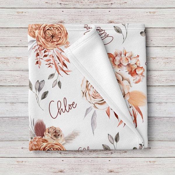 Boho Caramel Floral Custom Baby Name Blanket, Baby Girl Personalized Shower Gift