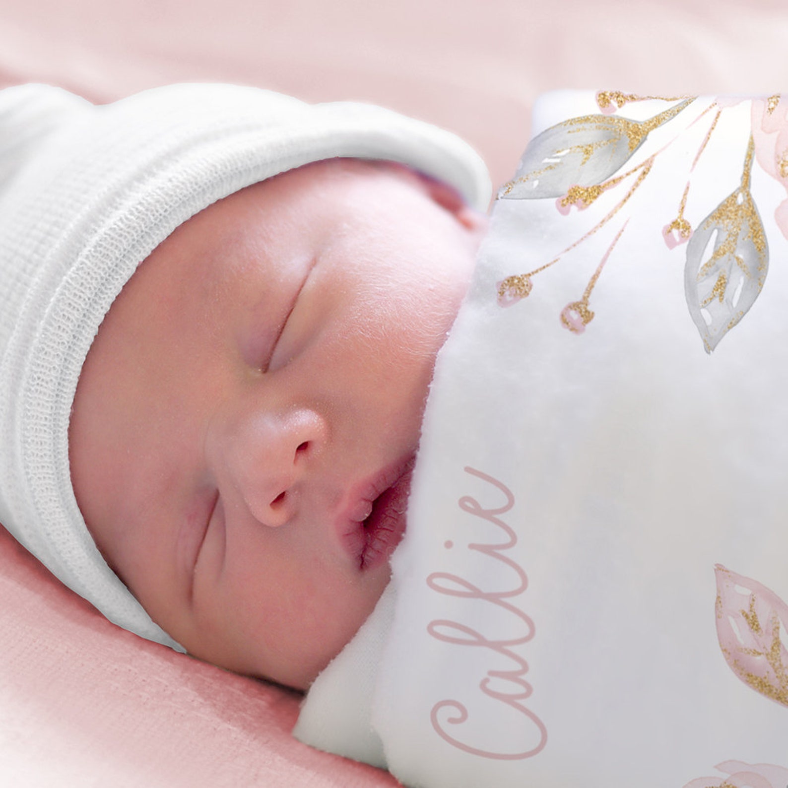 Personalized Baby Girl Name Blanket Pink and Gray Floral Etsy