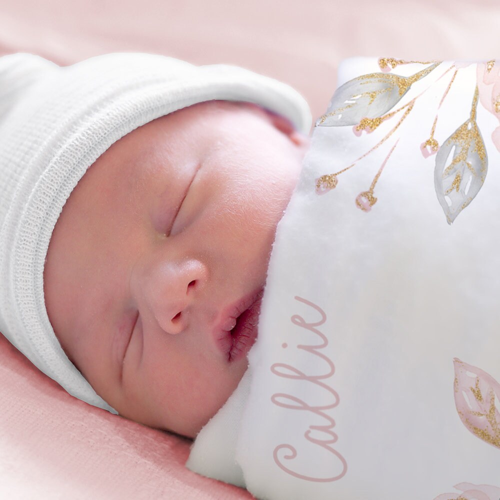 Personalized Baby Girl Name Blanket Pink and Gray Floral Etsy