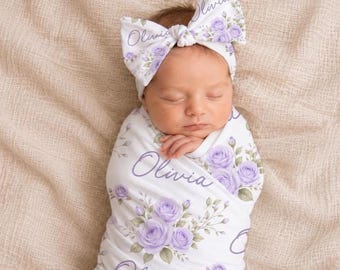 Purple Rose Personalized Floral Baby Swaddle & Headband Set, Newborn Girl Coming Home Outfit, Hospital Photo Prop