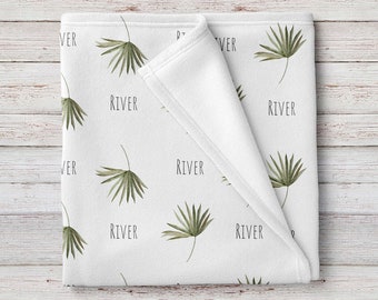 Green Palm Leaf Unisex Custom Baby Blanket, Personalized name baby shower gift