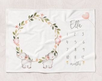 Elephant with pink balloons, monthly milestone baby girl blanket