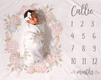 Pink and Gray floral wreath personalized monthly milestone baby girl blanket