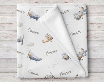 Airplanes Custom Baby Boy Name Blanket, Personalized Baby Shower Gift
