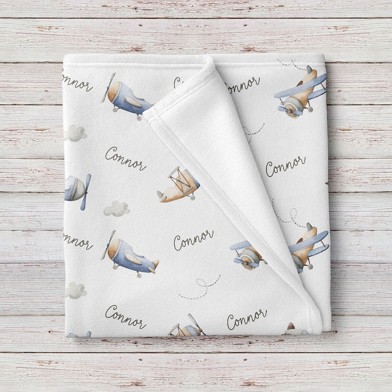 Airplanes Custom Baby Boy Name Blanket, Personalized Baby Shower Gift image 1