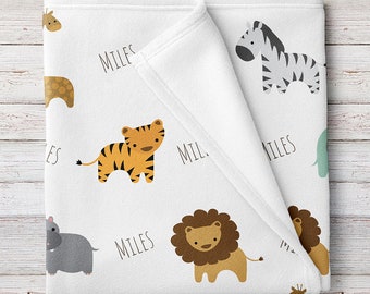 Personalized Fleece Safari Animals Baby Blanket, Safari nursery (BB257)