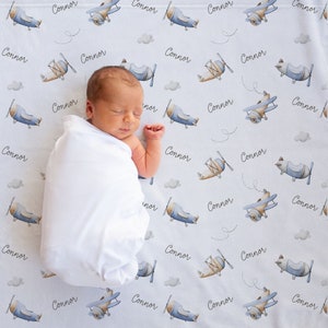 Airplanes Custom Baby Boy Name Blanket, Personalized Baby Shower Gift image 2