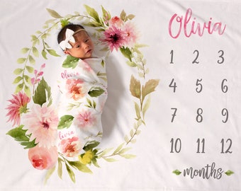 Floral Pink Dahlia and Rose Wreath personalized monthly milestone baby girl blanket
