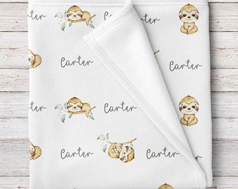 Cute Sloths Personalized Baby Boy Name Blanket, Custom Baby Shower Gift