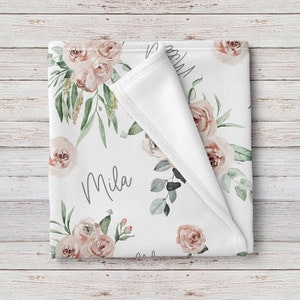 Soft Floral Rose Personalized Baby Girl Name Blanket, Custom Baby Shower Gift