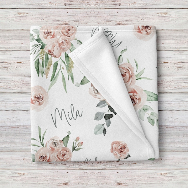 Zachte bloemen Rose gepersonaliseerde babymeisje naam deken, aangepaste baby shower cadeau