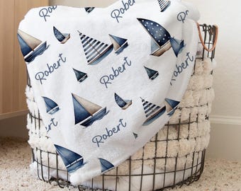 Custom Sail boats nautical Baby Blanket - Personalized Name Blanket for Boys - blue Shower Gift
