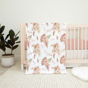 Boho Pink and Brown Floral Personalized Baby Girl Name Blanket, Shower Gift image 3