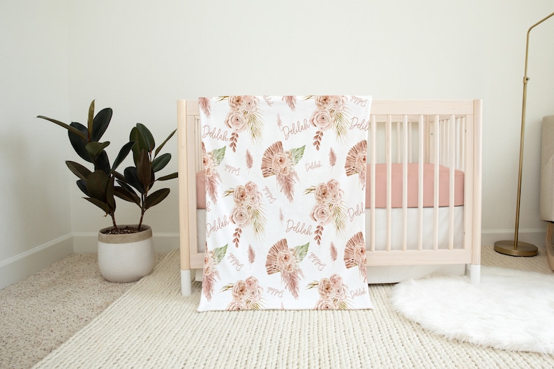 Boho Pink and Brown Floral Personalized Baby Girl Name Blanket, Shower Gift image 3