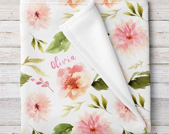 Personalized Baby Girl Name Blanket, Floral Pink Dahlia and Rose Print (BB272)