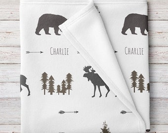Personalized Woodland Animal Moose and Bear Baby Name Blanket (BB275)