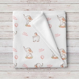 Elephants Custom Baby Girl Name Blanket, Personalized Baby Shower Gift image 1