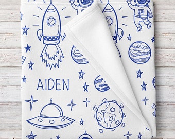 Personalized Outer Space Baby Blanket, White with Blue Print (BB278)