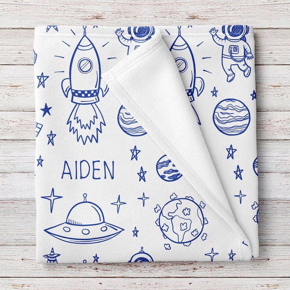 White with Blue Print Lovable Gift Co Personalized Outer Space Baby Blanket 