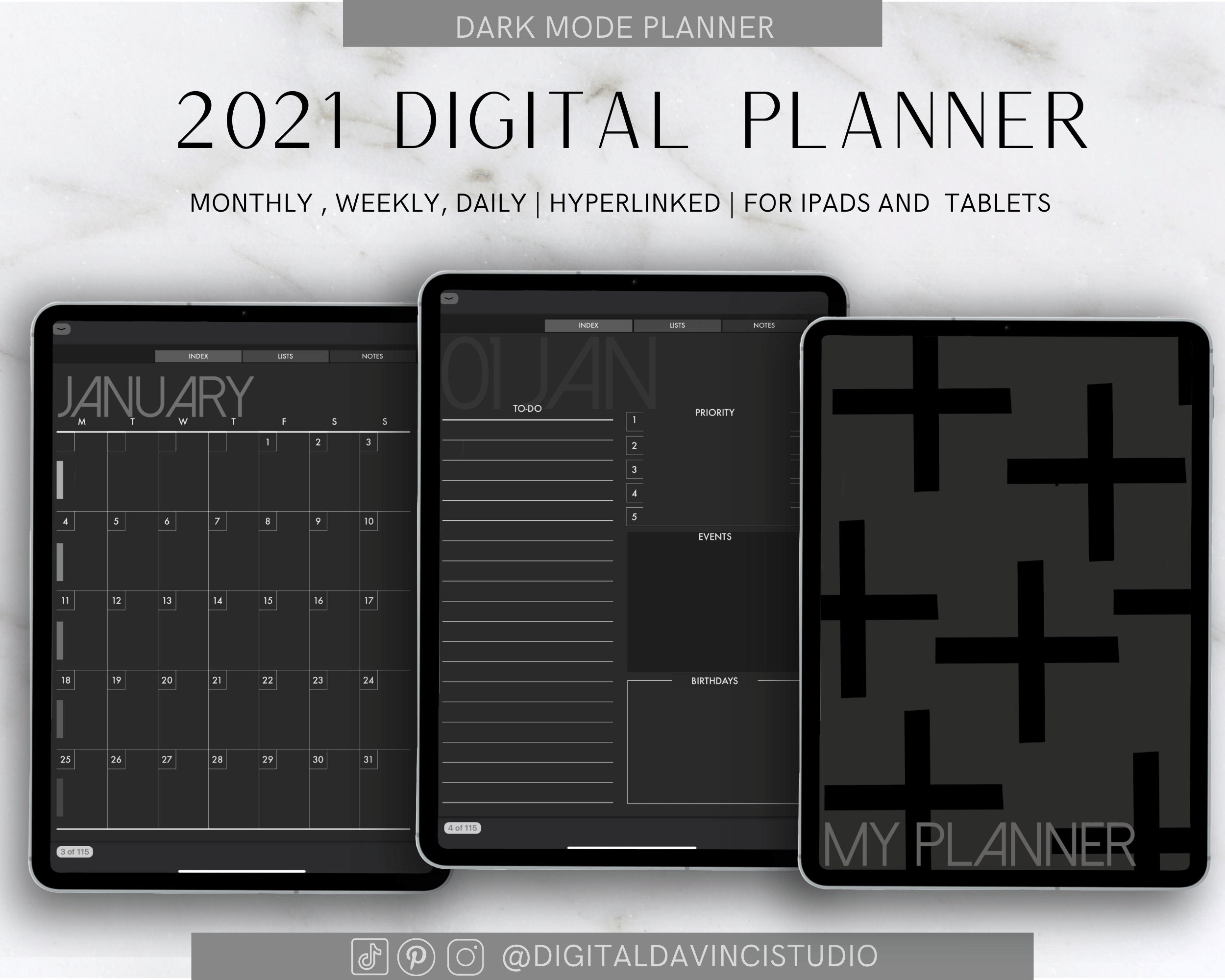 Daily Dark Mode Digital Planner Vertical 2021 Dated Weekly Etsy