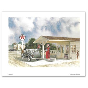 Automotive Art, Car Art, Vintage Gas Station, Jack Schmitt, Color Lithograph, Americana, Petroliana, Vintage America, Retro Garage Art