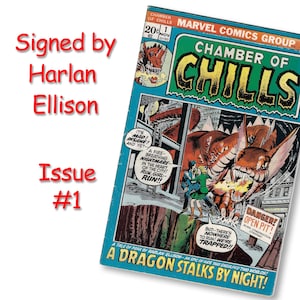 May include: Vintage comic book cover for "Chamber of Chills" Issue #1, signed by Harlan Ellison. The cover features a dragon attacking a city, with text that reads "A Dragon Stalks by Night!" and "Marvel Comics Group."