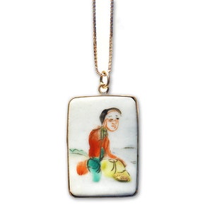 Craft Jewelry, Broken Ceramic Tile Pendant, Broken China, China Necklace, Asian Inspired, Recycled Jewelry