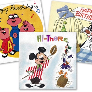 May include: Three vintage birthday cards featuring cartoon characters. The first card features the Chipmunks singing "Happy Birthday". The second card features Sylvester the Cat with a birthday cake in a birdcage. The third card features Mickey Mouse and Donald Duck with the text "Hi-There".