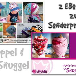 Puede incluir: Imagen que presenta gorros y bufandas para niños. La imagen incluye el texto "2 EBooks ZUM Sonderpreis" y "Cappel & Snüggel". Los gorros y bufandas son de varios colores y diseños, con el logotipo de la marca "Joudii" visible.