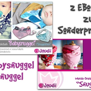 Puede incluir: Anuncio de baberos para bebés y eBooks. La imagen presenta varios baberos de diferentes colores y patrones, incluyendo un babero rosa en forma de corazón y un babero azul con un patrón de estrellas. El texto en la imagen incluye "Babysnuggel + Snuggel" y "z eBooks zum Sonderpreis."