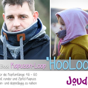 Könnte beinhalten: Das Bild zeigt zwei Kapuzen-Halstücher. Eines wird von einem Mann getragen, mit Jeansstoff und grauem Stoff mit braunen Lederakzenten und grauen Kordeln. Das andere ist rosa und wird von einem Kind getragen. Der Text "HOOLOO" wird in Blau angezeigt.