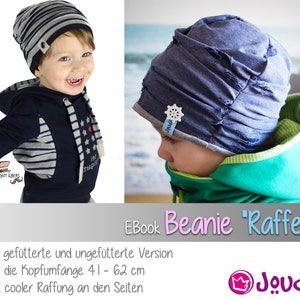 May include: Two images show children wearing beanies. One beanie is blue and gray striped, the other is a distressed blue. The text on the image says "EBook Beanie Raffel" and lists features. The beanies are designed for head circumferences of 16 to 24 inches.