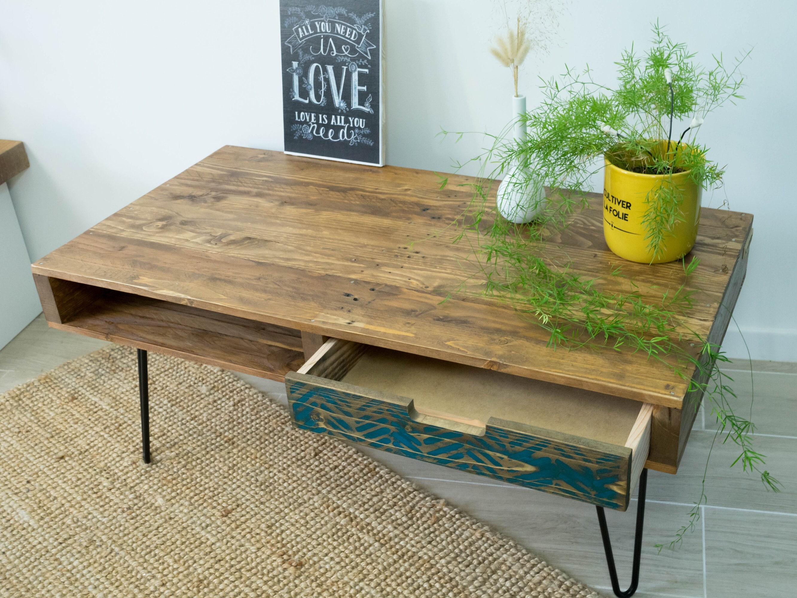 Table Basse en Bois Recyclé, Tiroir Motif Chevrons