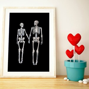 Skeleton art print,valentines day gift love print love art skeletons in love christmas gift for her dark art print marriage gift for couple image 2